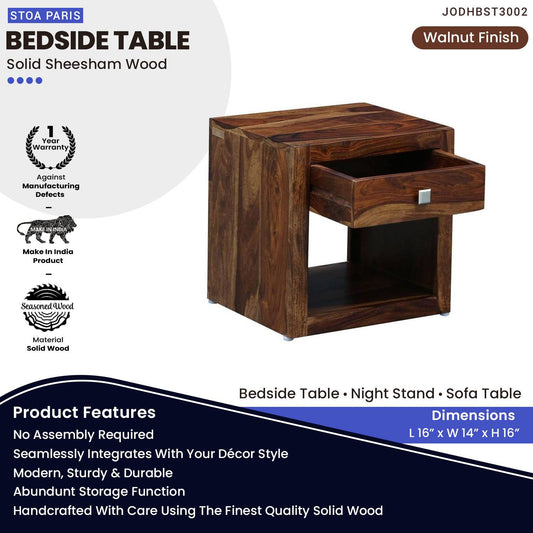 Brave Nightstand Bedside Table With Drawer In Solid Sheesham Wood In Walnut Polish Finish