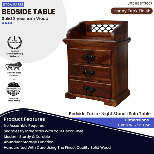 David Nightstand Bedside Table With Drawers In Solid Sheesham Wood In Teak Polish Finish