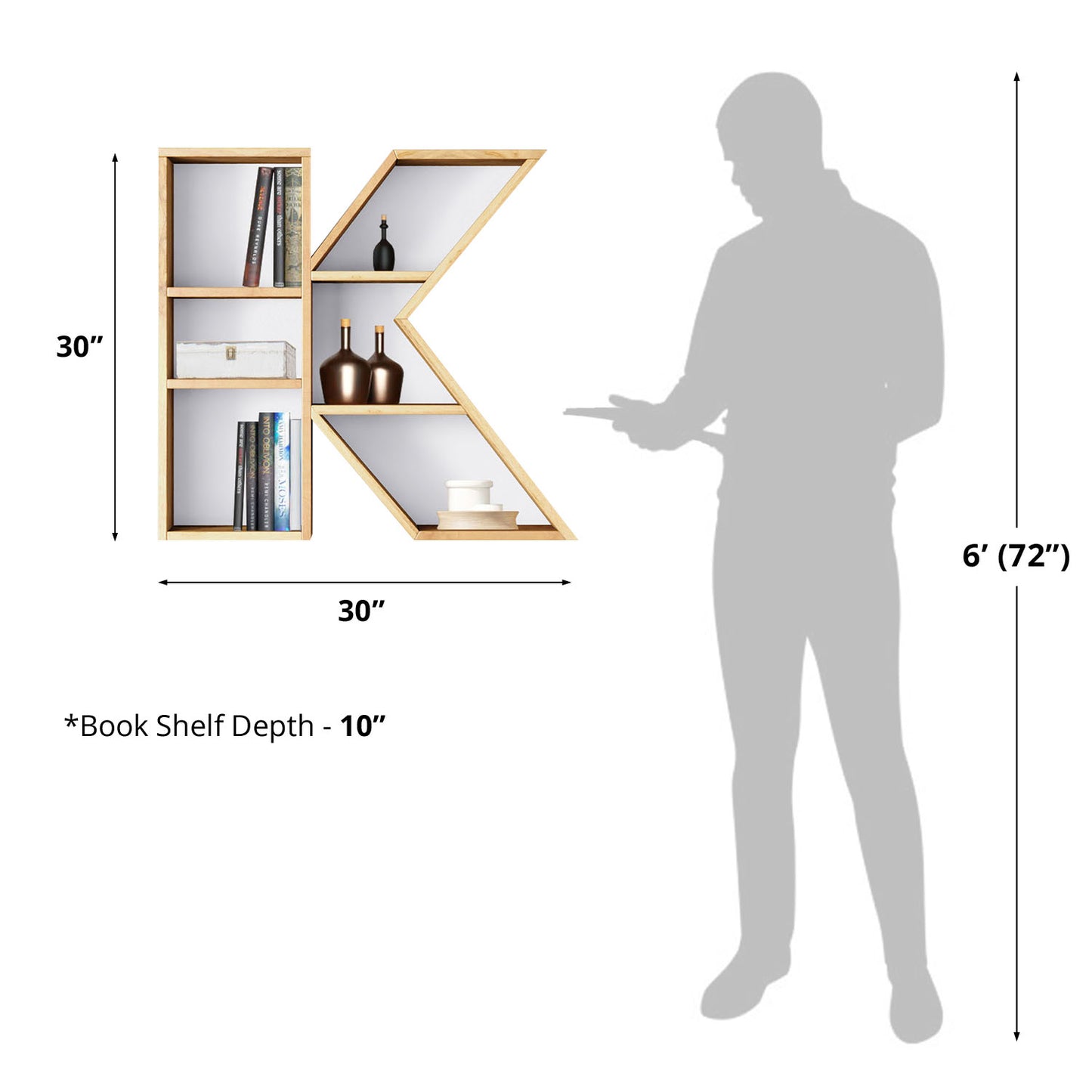 Bookshelf Alphabet "K" In Mango Wood Natural Polish Shade For  Books & Decor