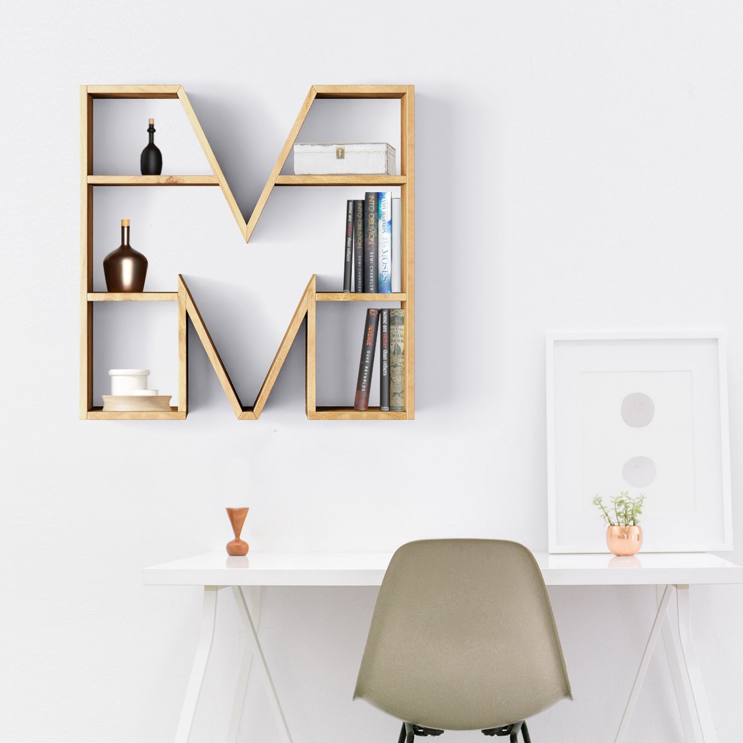 Bookshelf Alphabet "M" In Mango Wood Natural Polish Shade For  Books & Decor