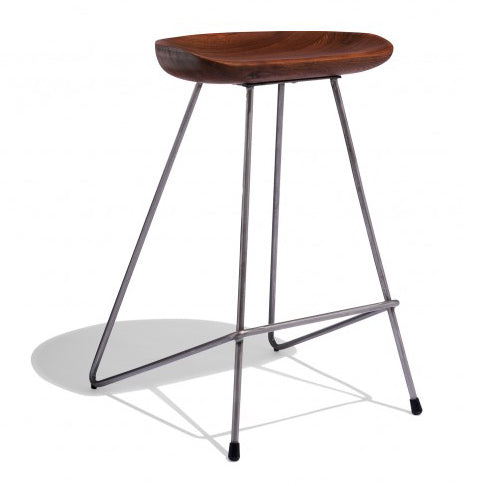 Pedro Metal Bar Stool With Wooden Seat Top In Teak Polish Finish