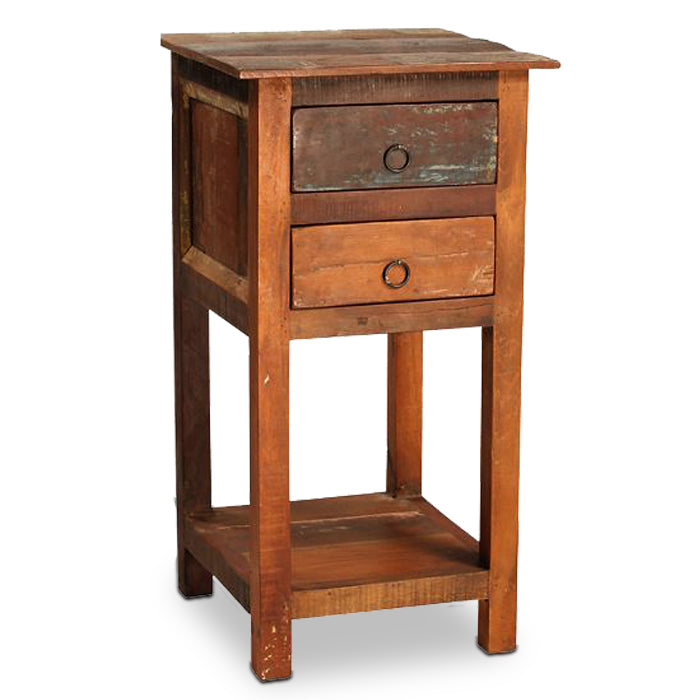 Wooden Stool Side Table With Drawers - Natural Finish