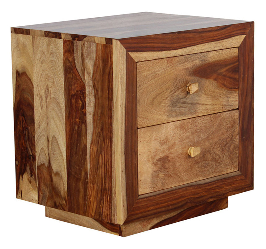 Miley Sheesham Wood Bed Side Table With Two Drawers - Natural