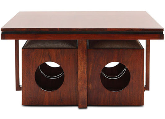 Boin - Solid Wood Coffee Table with Stools In Teak Finish