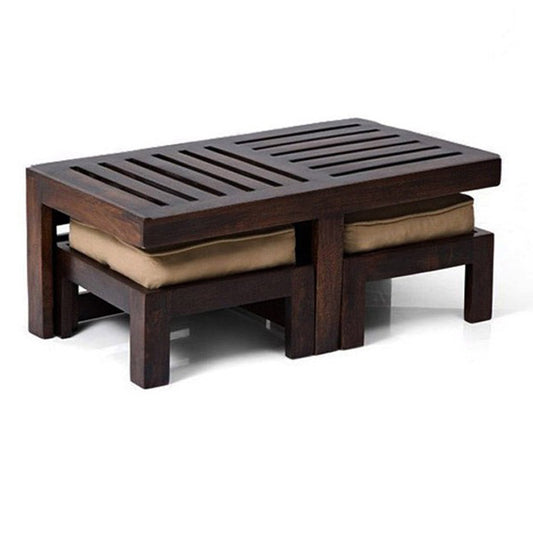 Lidia - SoliD wood Coffee Table With Two Stools - Walnut