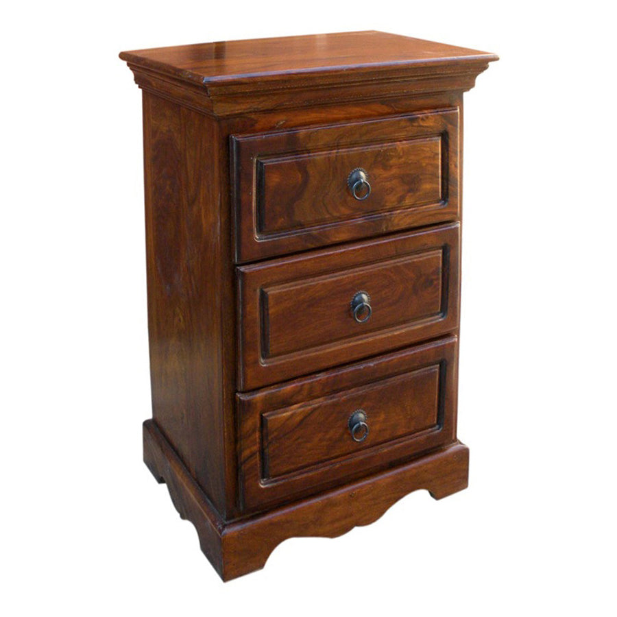 Regina Solid Wood Bed Side Table With Three Drawers In Teak Polish