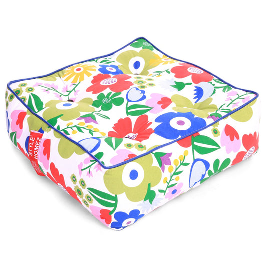 Canvas Floral Square Floor Cushion Filled With Beans - Large Size