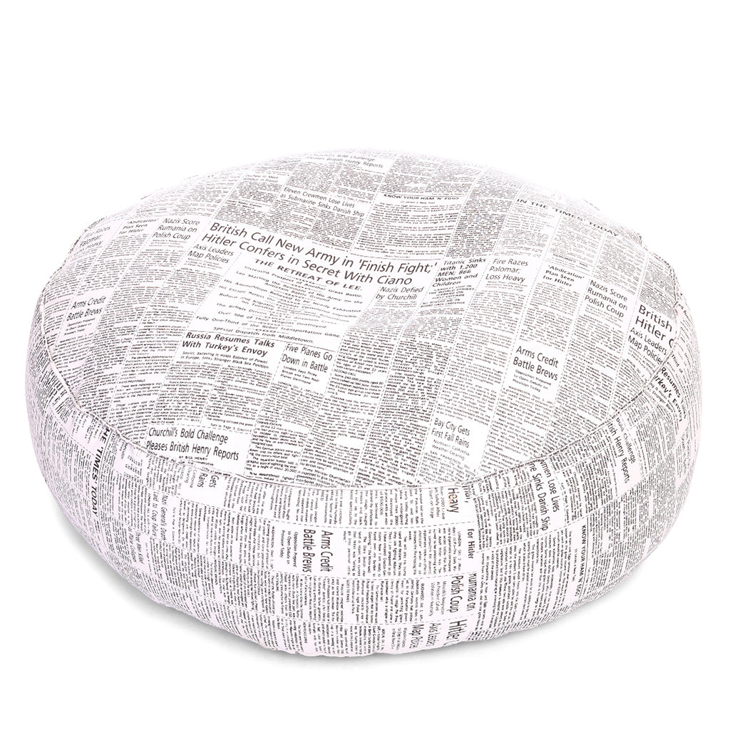 Canvas Newspaper Printed Round Floor Cushion With Beans - XL Size