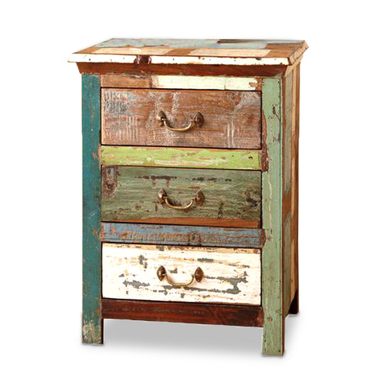 Ogaan Reclaimed Wood Bed Side Table With 3 Drawers