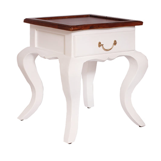 Sophie Solid Wood Bed Side Table With Drawer In White & Teak Finish