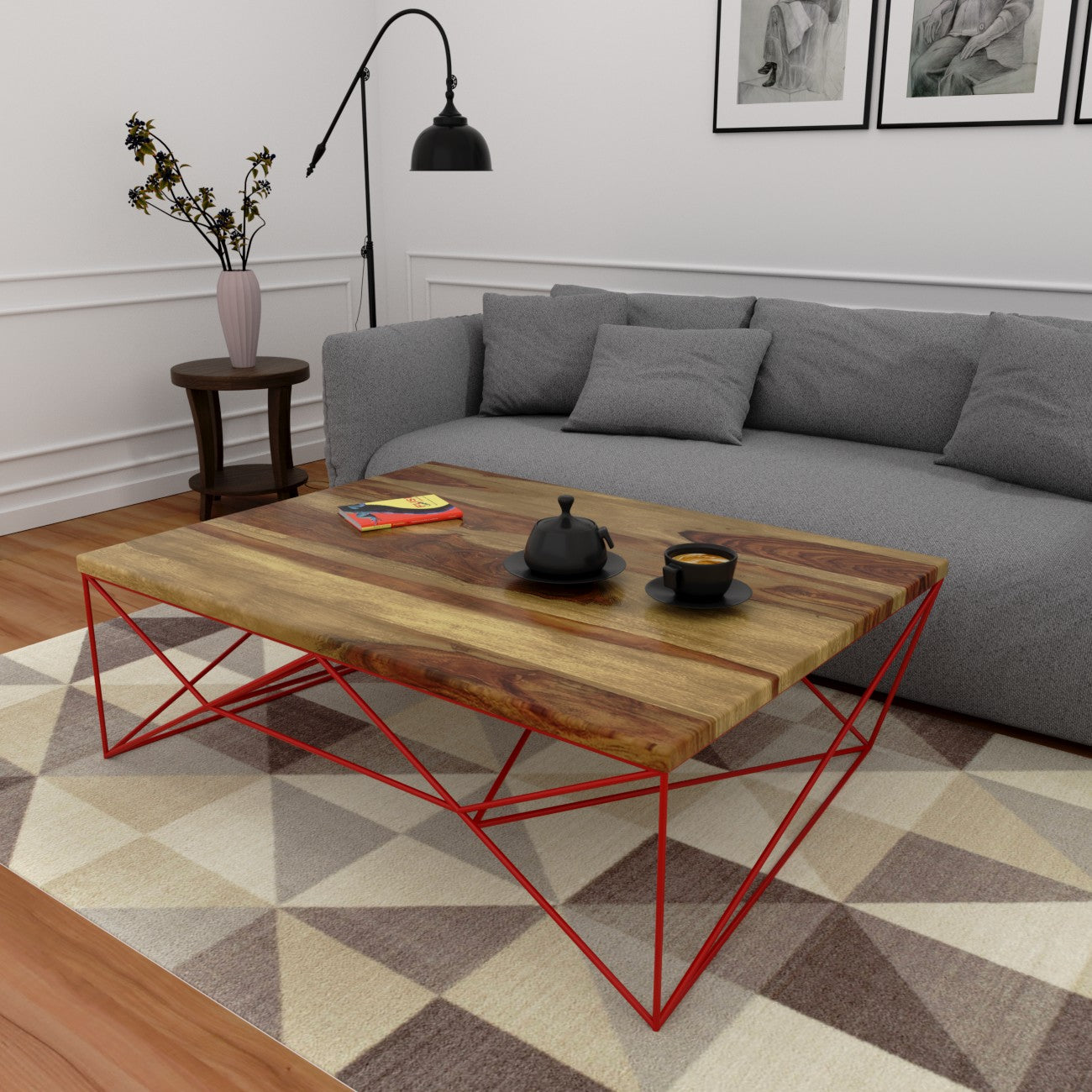 Fete - Coffee Table With Metal base Frame & Solid Wood Table Top Natural Finish