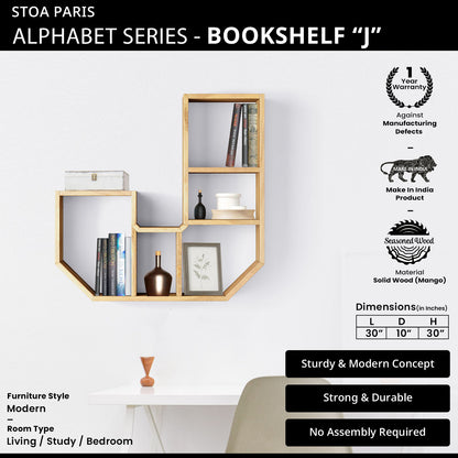 Bookshelf Alphabet "J" In Mango Wood Natural Polish Shade For  Books & Decor