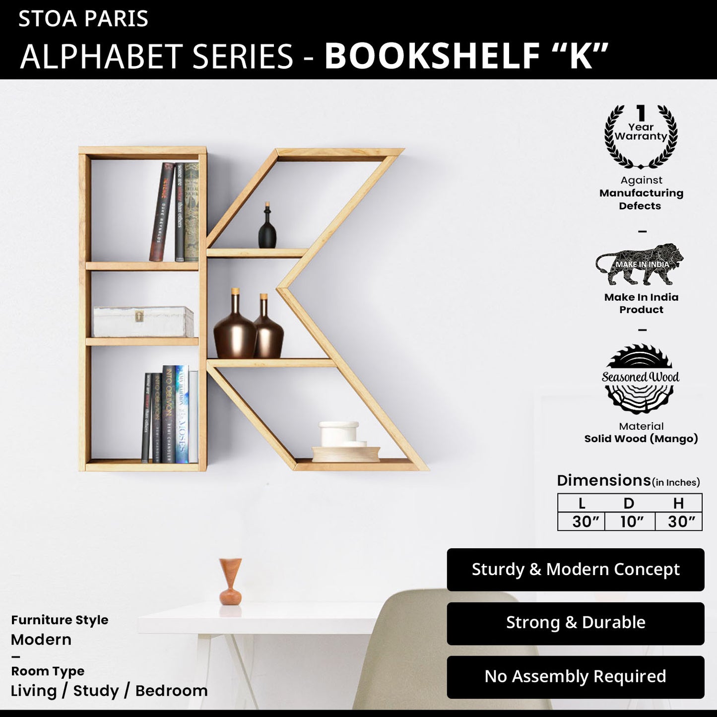 Bookshelf Alphabet "K" In Mango Wood Natural Polish Shade For  Books & Decor