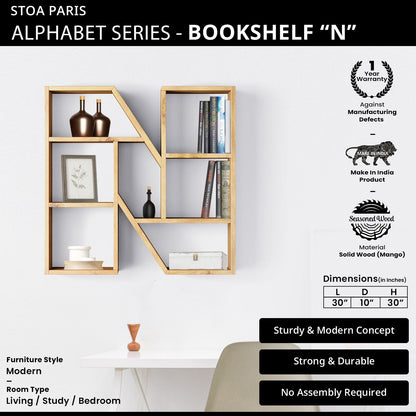 Bookshelf Alphabet "N" In Mango Wood Natural Polish Shade For  Books & Decor