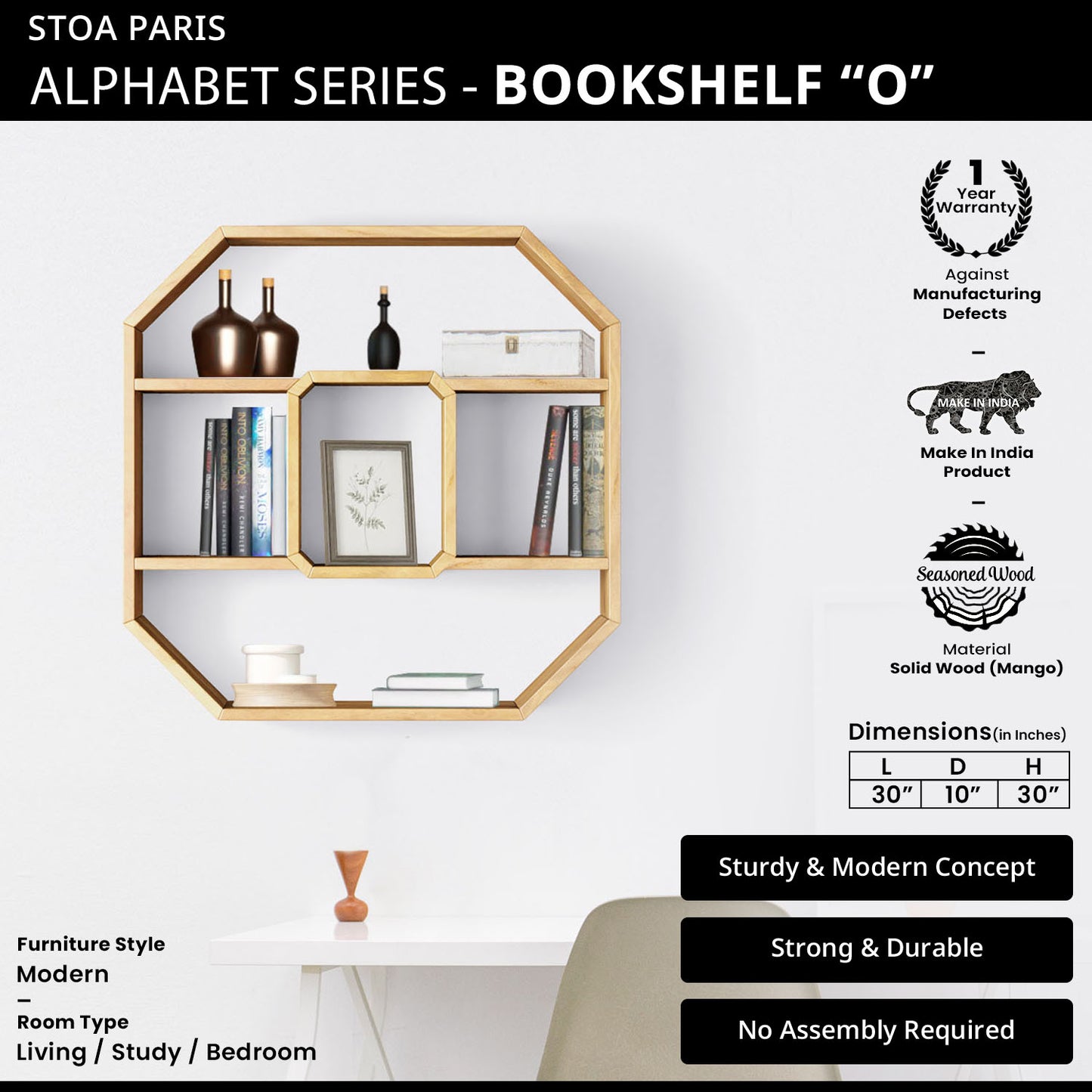 Bookshelf Alphabet "O" In Mango Wood Natural Polish Shade For  Books & Decor