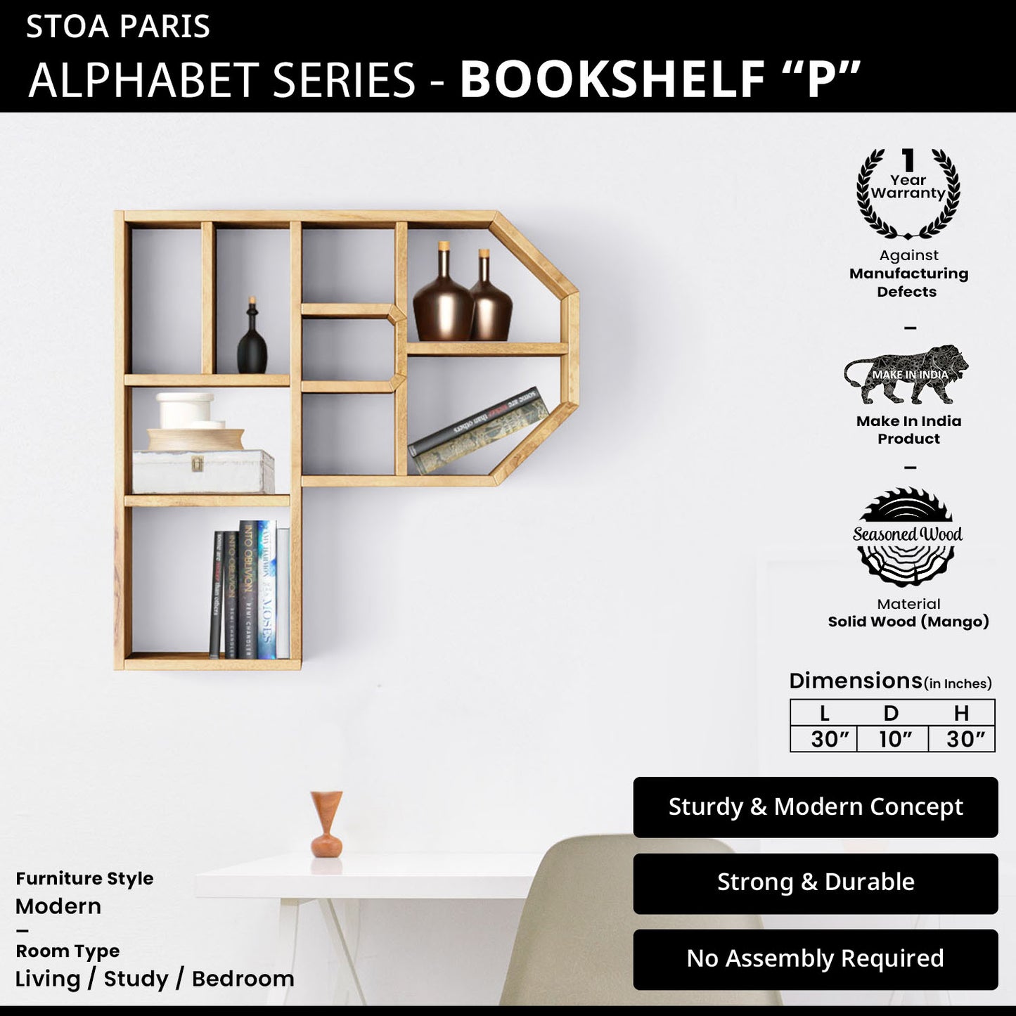 Bookshelf Alphabet "P" In Mango Wood Natural Polish Shade For  Books & Decor