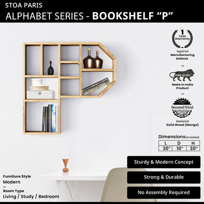 Bookshelf Alphabet "P" In Mango Wood Natural Polish Shade For  Books & Decor