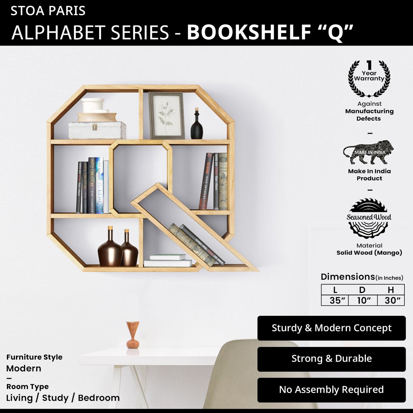 Bookshelf Alphabet "Q" In Mango Wood Natural Polish Shade For  Books & Decor