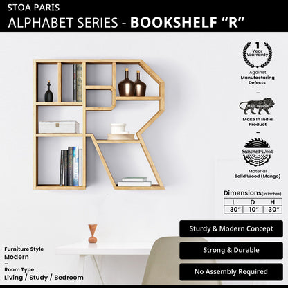 Bookshelf Alphabet "R" In Mango Wood Natural Polish Shade For  Books & Decor