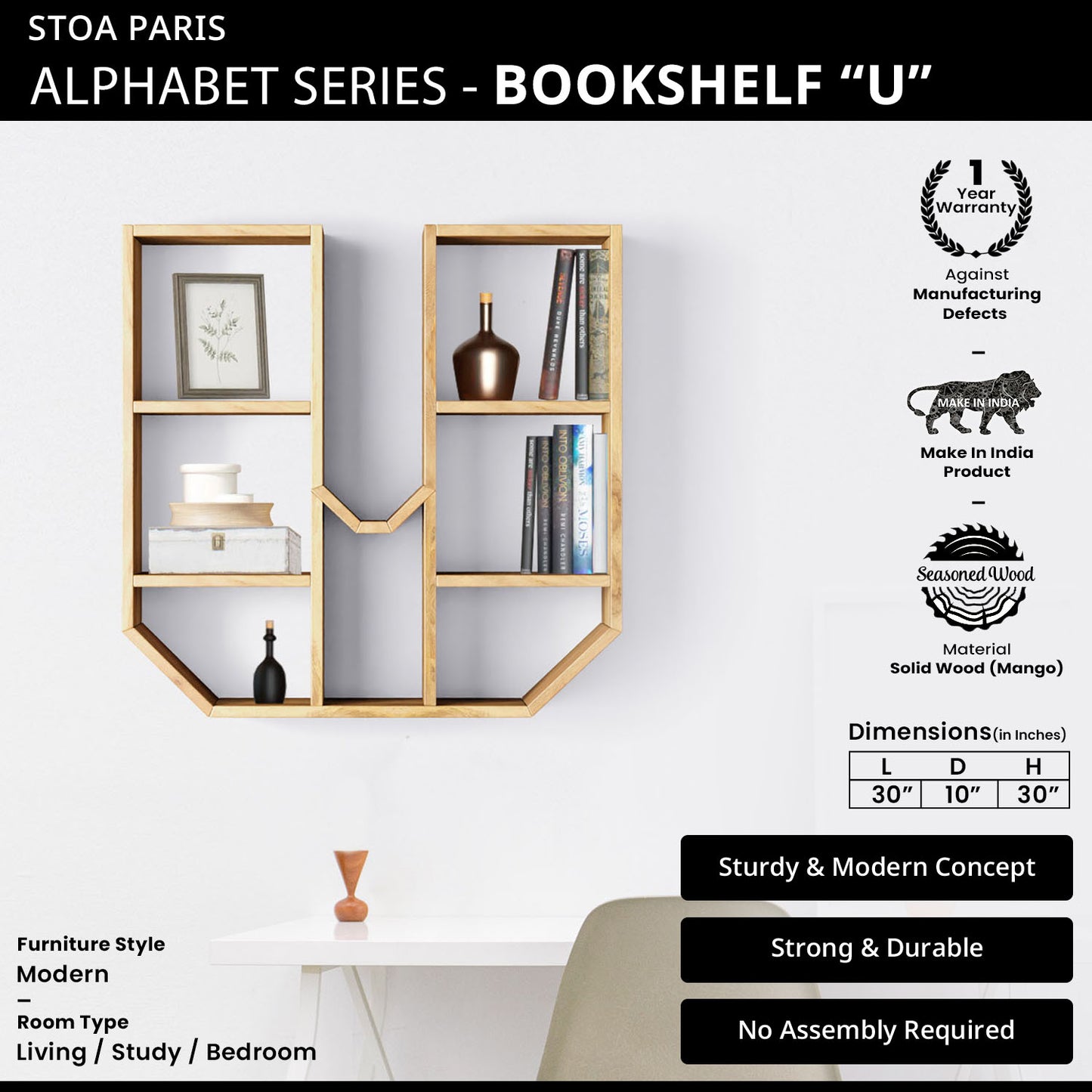 Bookshelf Alphabet "U" In Mango Wood Natural Polish Shade For  Books & Decor