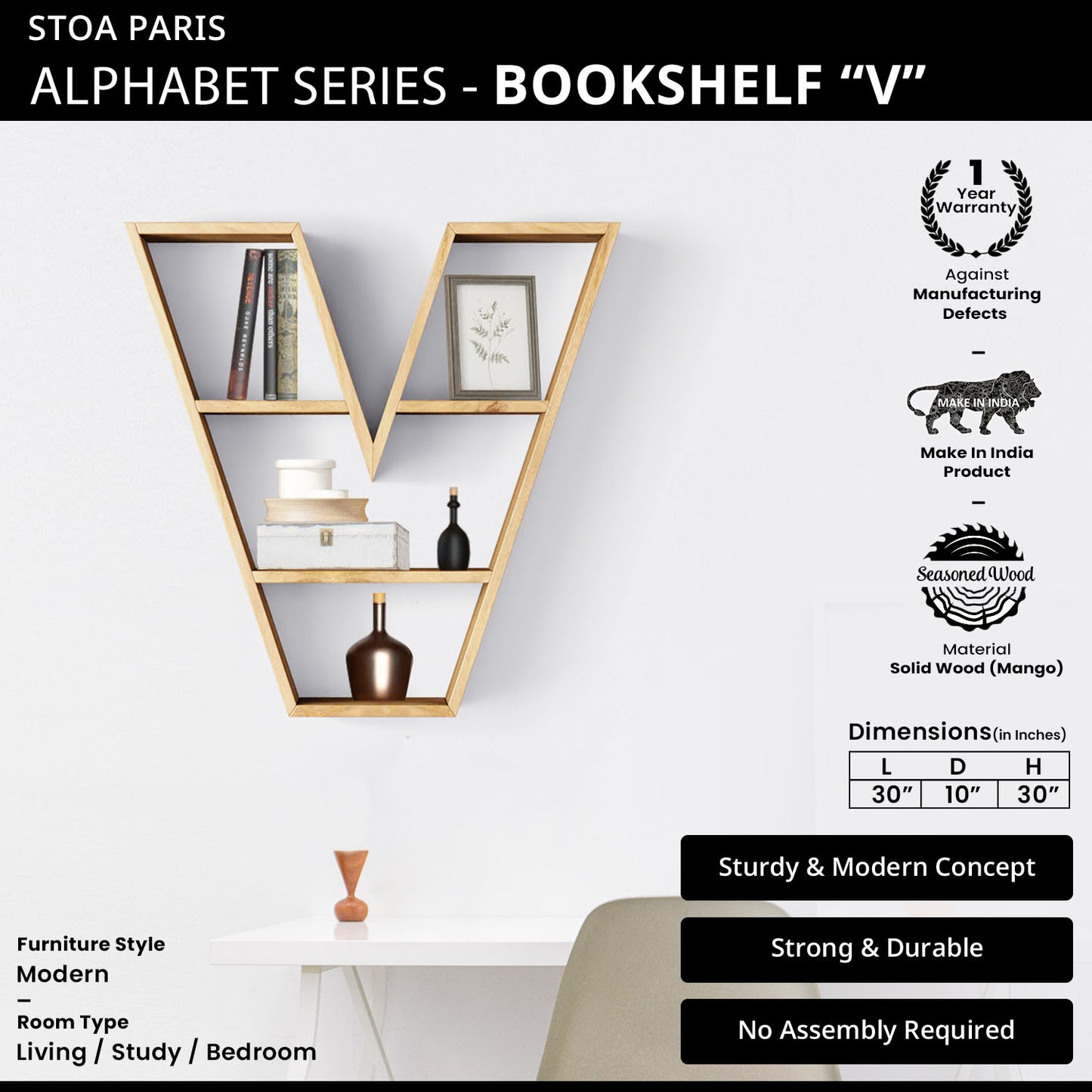 Bookshelf Alphabet "V" In Mango Wood Natural Polish Shade For  Books & Decor