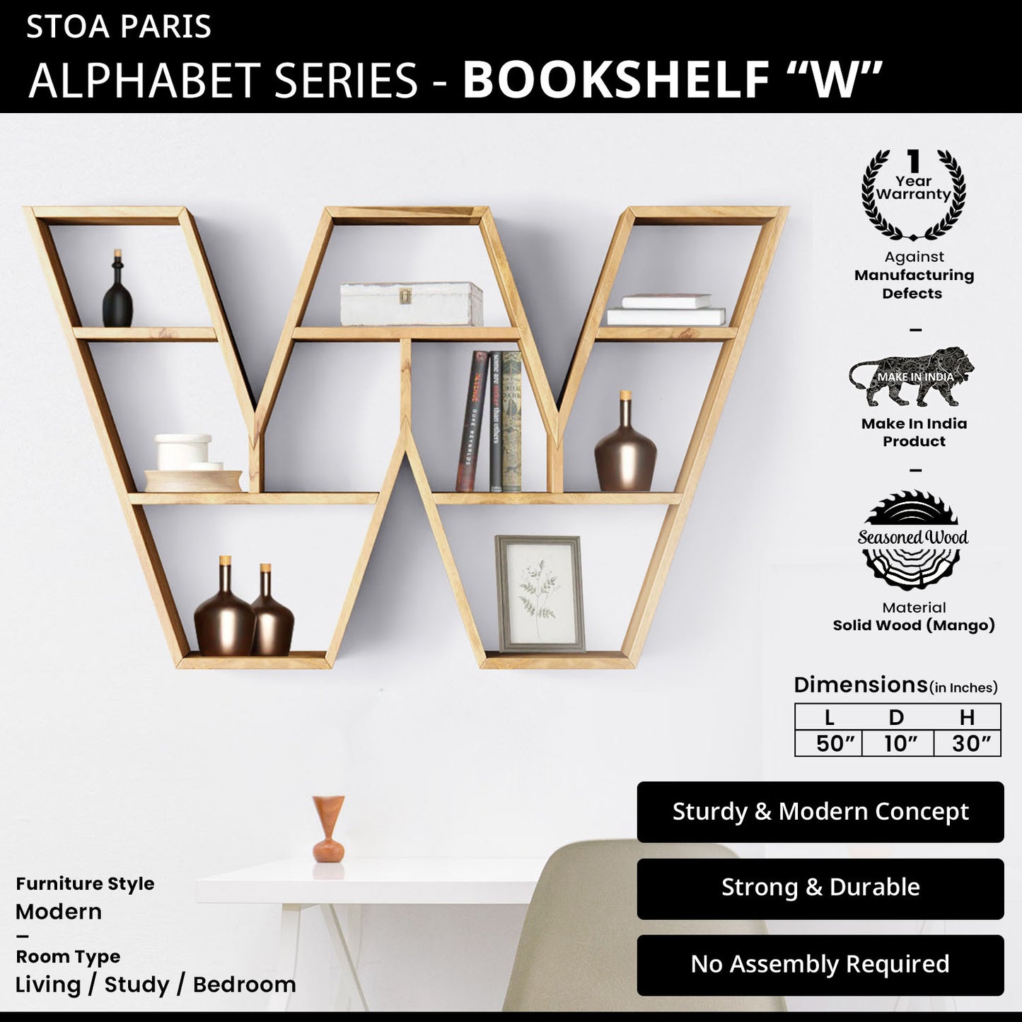 Bookshelf Alphabet "W" In Mango Wood Natural Polish Shade For  Books & Decor