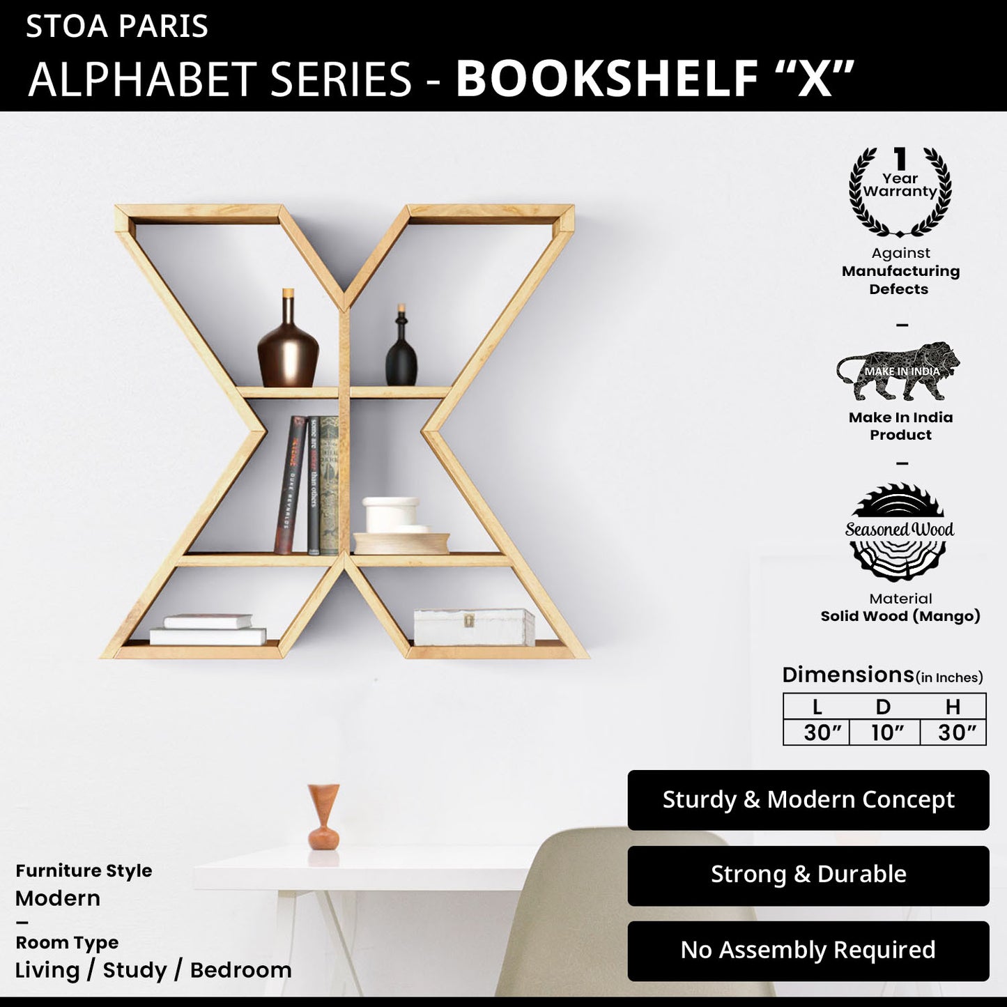 Bookshelf Alphabet "X" In Mango Wood Natural Polish Shade For  Books & Decor