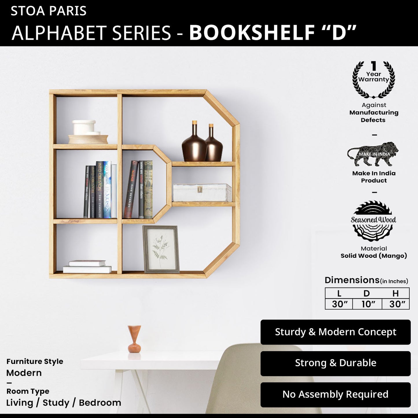 Bookshelf Alphabet "D" In Mango Wood Natural Polish Shade For  Books & Decor