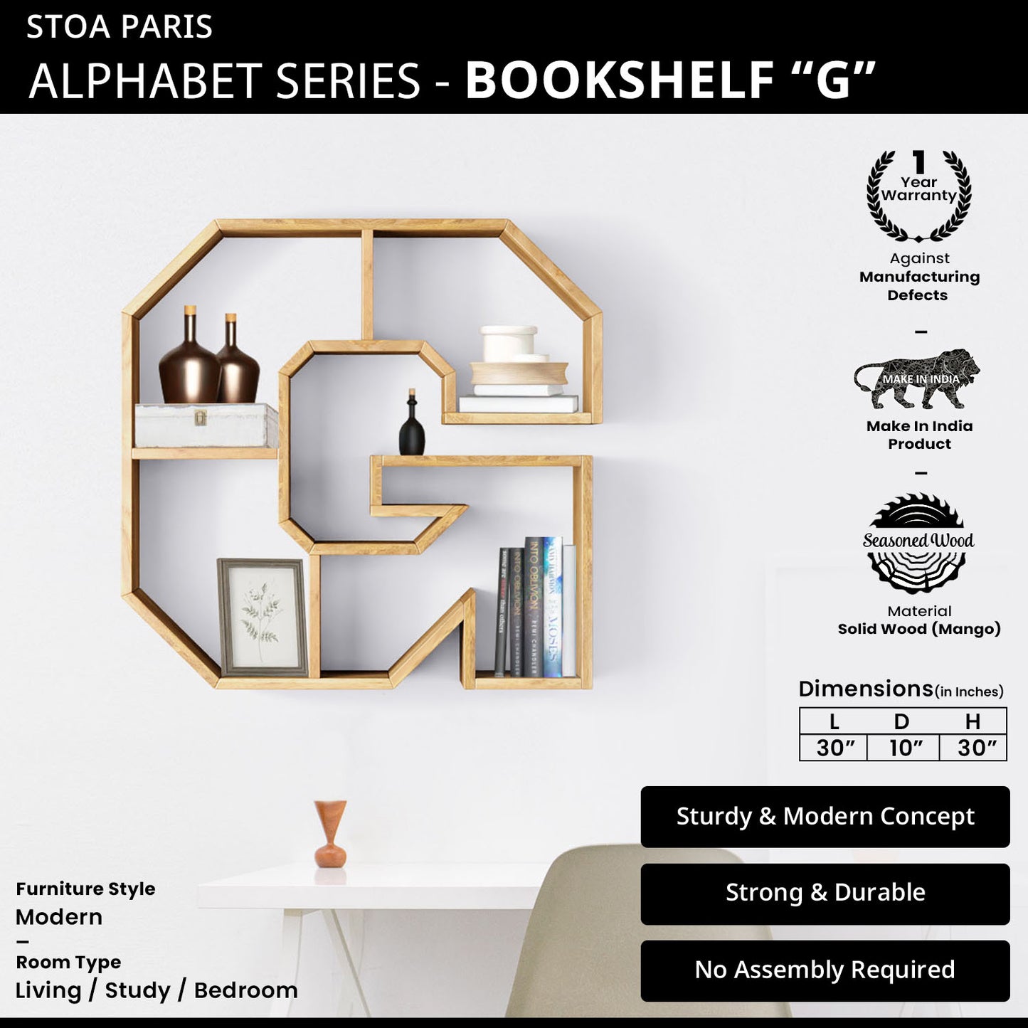 Bookshelf Alphabet "G" In Mango Wood Natural Polish Shade For  Books & Decor