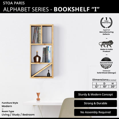 Bookshelf Alphabet "I" In Solid Mango Wood Natural Polish Shade For Books & Décor