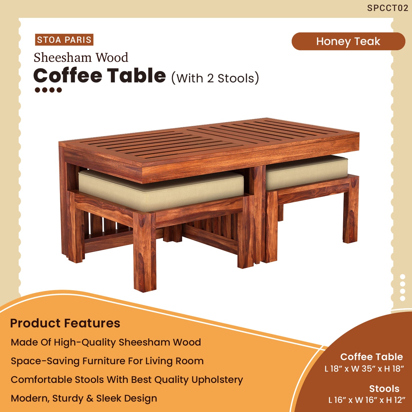 Albert - Solid Sheesham Wood Coffee Table With 2 Stools For Living Room - Honey Teak Polish