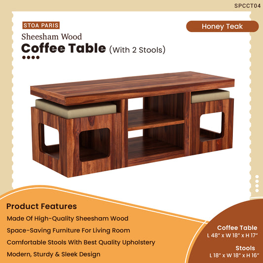 Grace - Solid Sheesham Wood Coffee Table With 2 Stools - Honey Teak