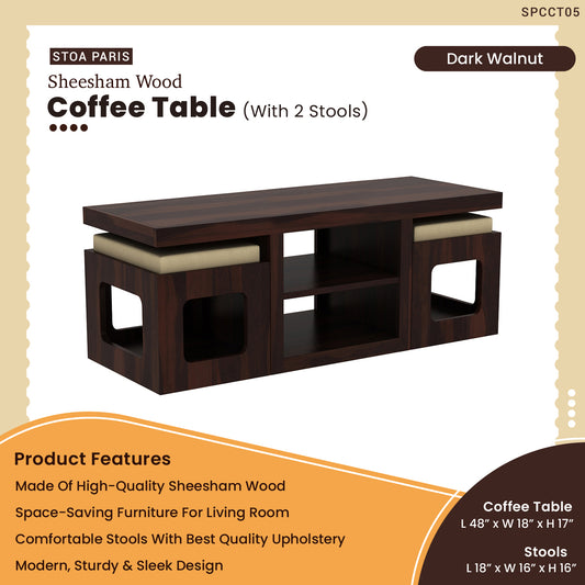 Vivian - Solid Sheesham Wood Coffee Table With 2 Stools - Dark Walnut