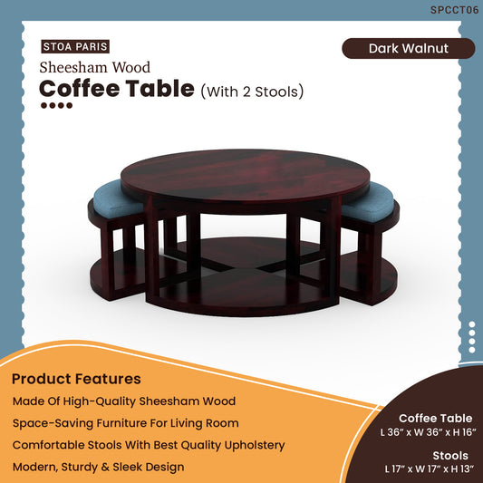 Darren - Solid Sheesham Wood Coffee Table With 2 Stools For Living Room - Dark Walnut