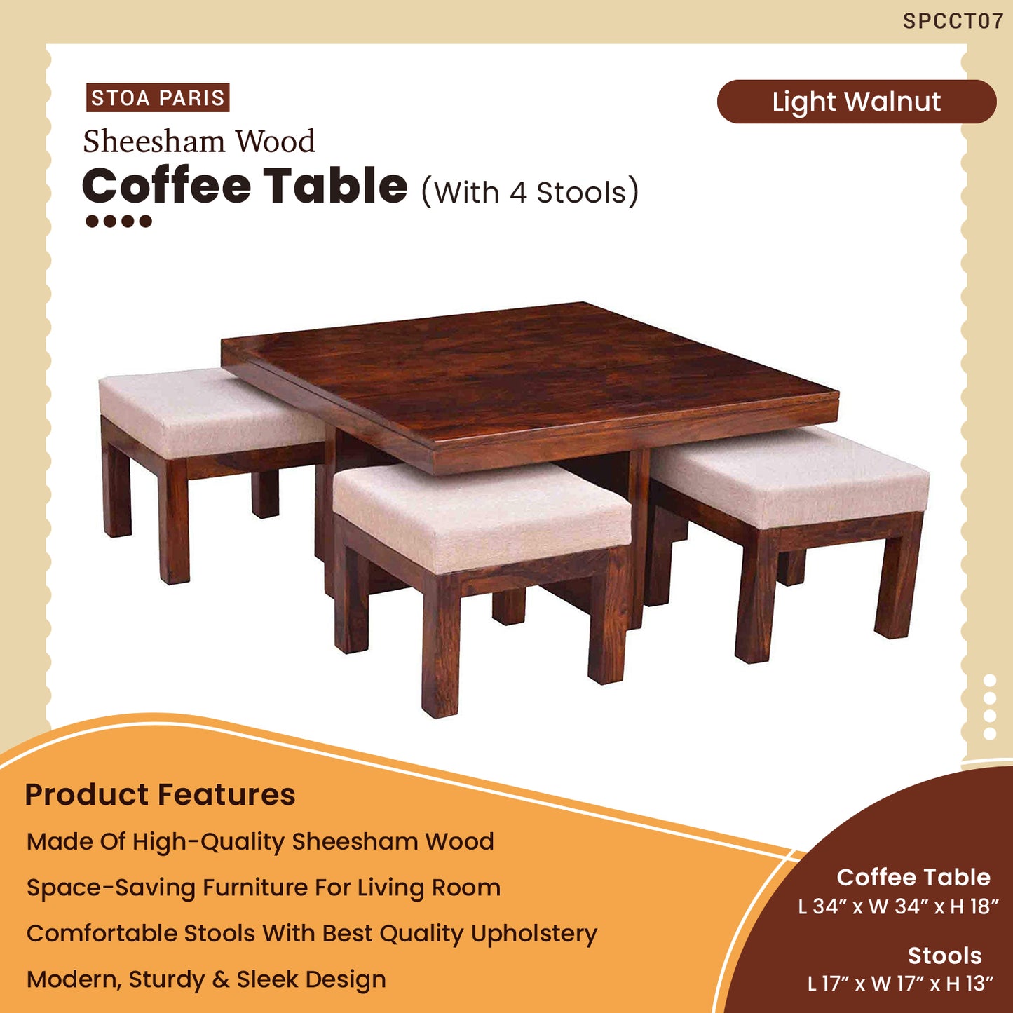 Cielo - Solid Sheesham Wood Coffee Table With 4 Stools For Living Room - Light Walnut