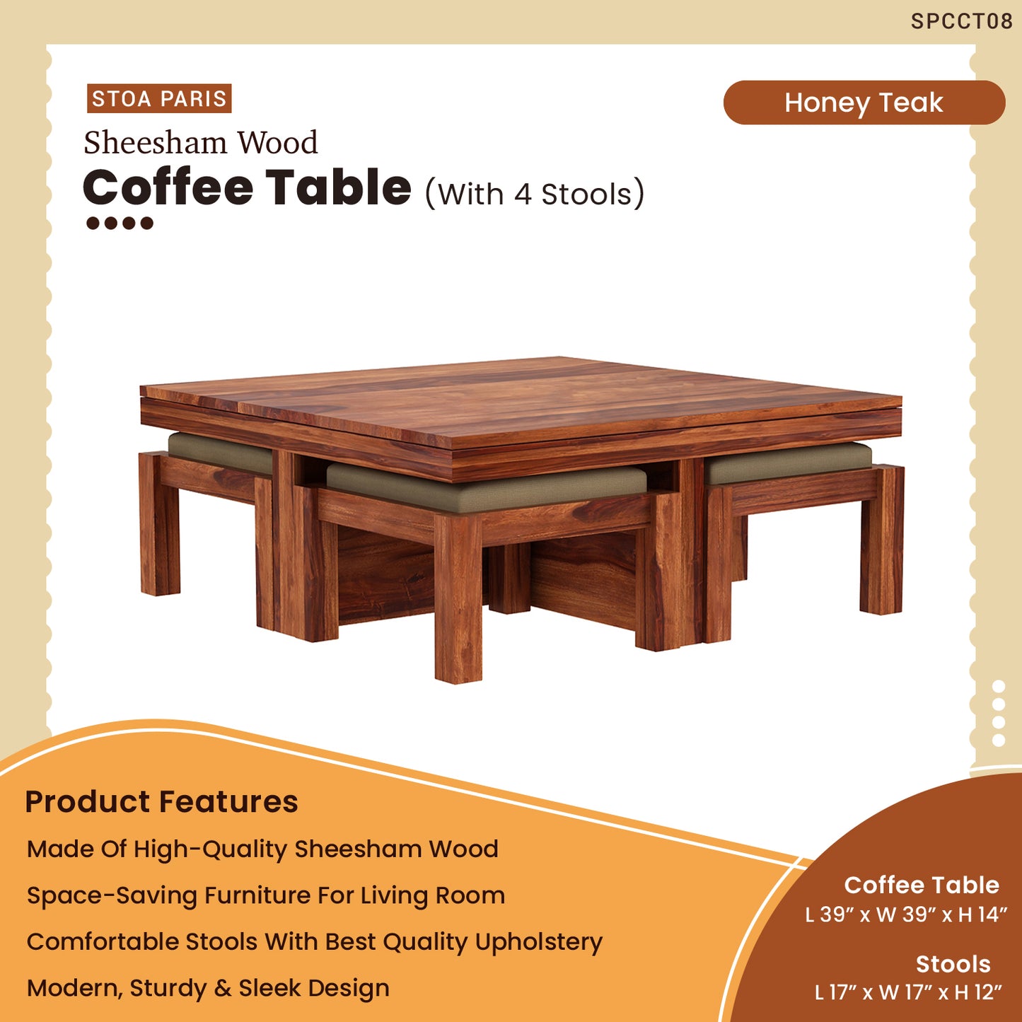 Ava - Solid Sheesham Wood Coffee Table With 4 Stools - Honey Teak