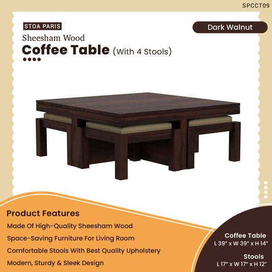 Bella - Solid Sheesham Wood Coffee Table With 4 Stools - Walnut