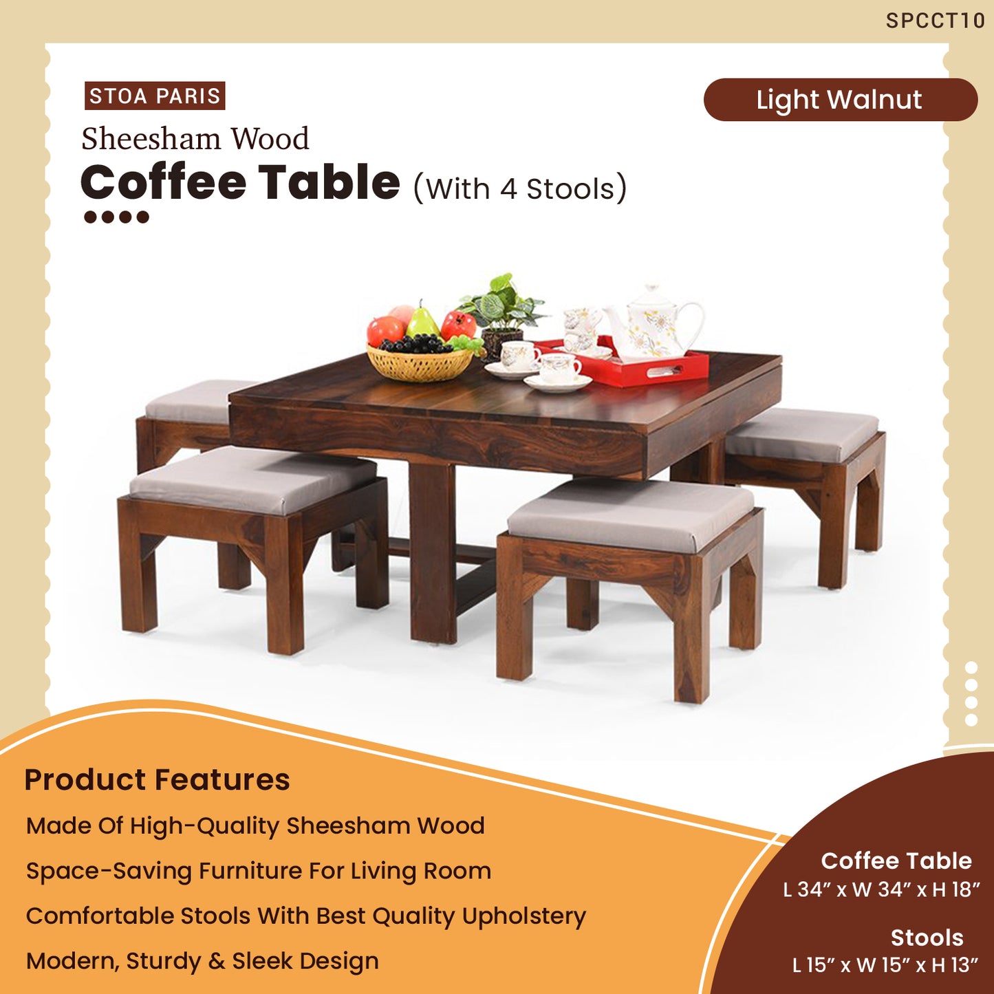 Opake - Solid Sheesham Wood Coffee Table With 4 Stools - Light Walnut