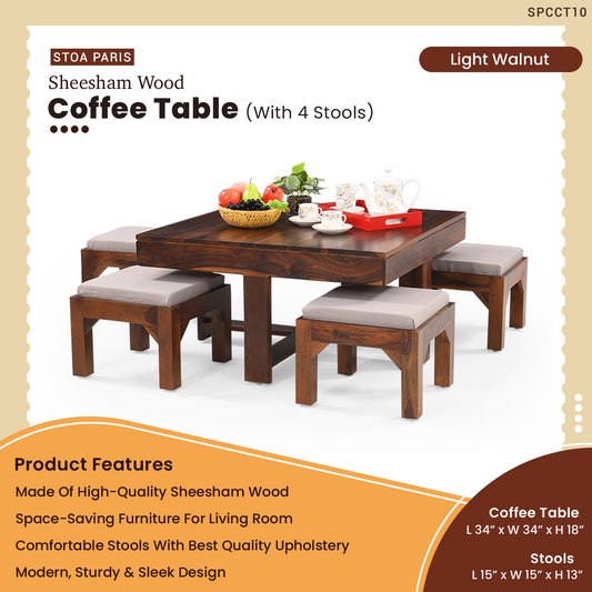 Opake - Solid Sheesham Wood Coffee Table With 4 Stools - Light Walnut