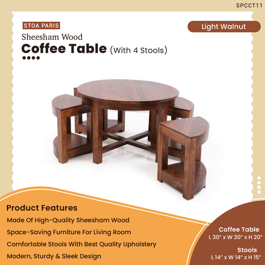 Ariel - Solid Sheesham Wood Coffee Table With 4 Stools - Walnut