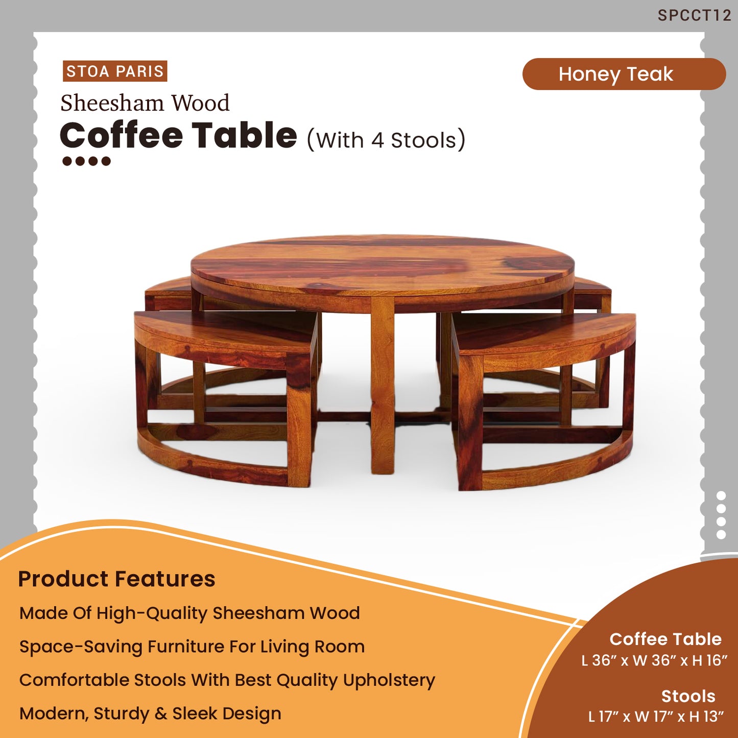 Alias - Solid Sheesham Wood Coffee Table With 4 Stools - Honey Teak