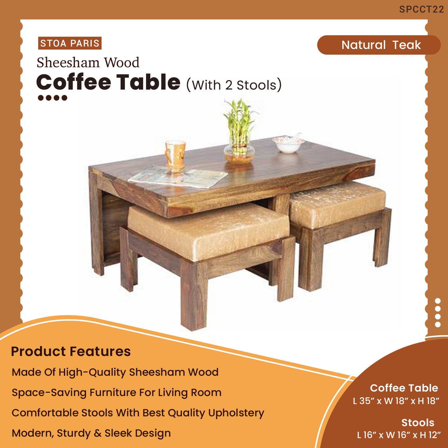 Siefert - Solid Sheesham Wood Coffee Table With 2 Stools For Living Room In Walnut Polish