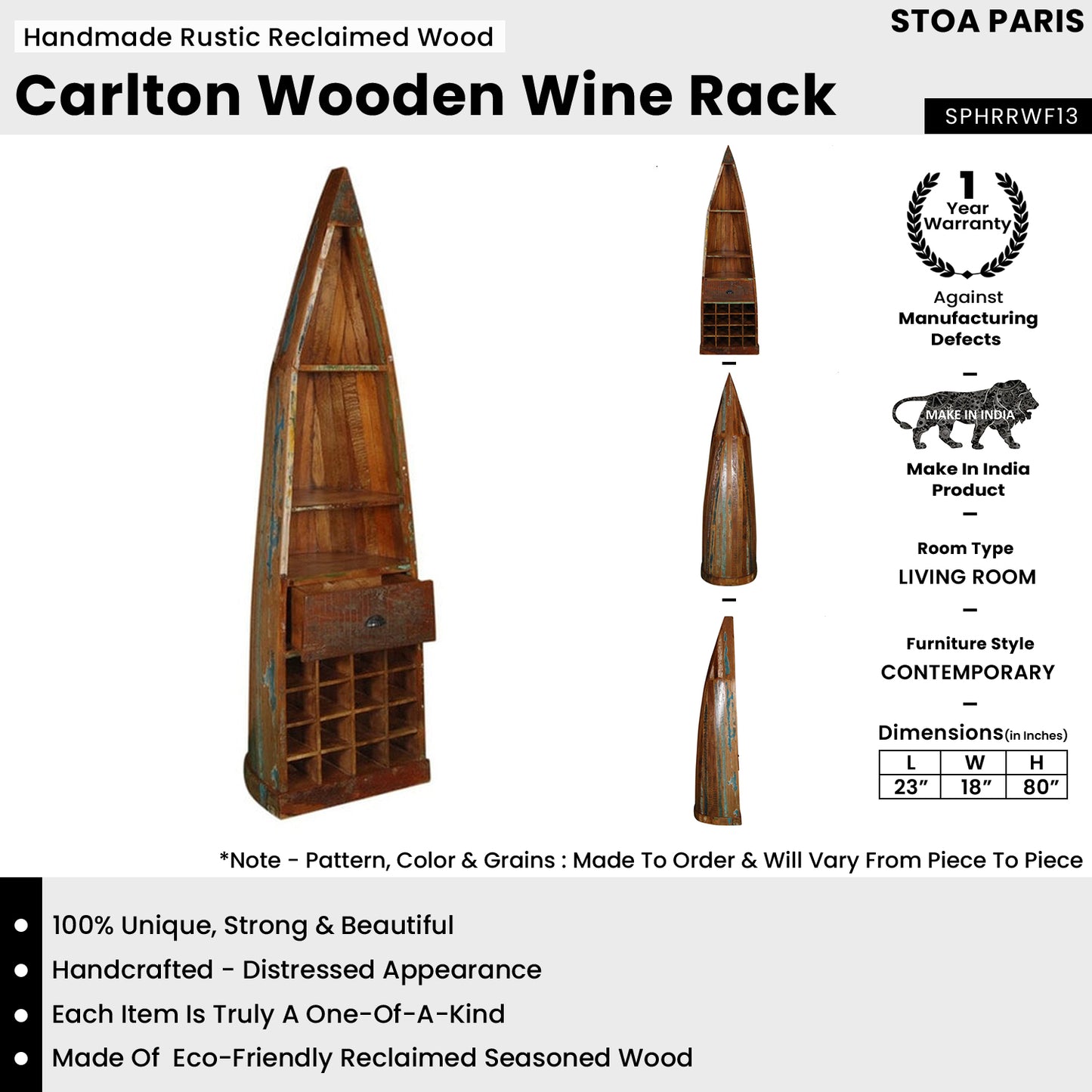 Carlton - Handmade Rustic Reclaimed Wood Wine Rack In Distress Finish