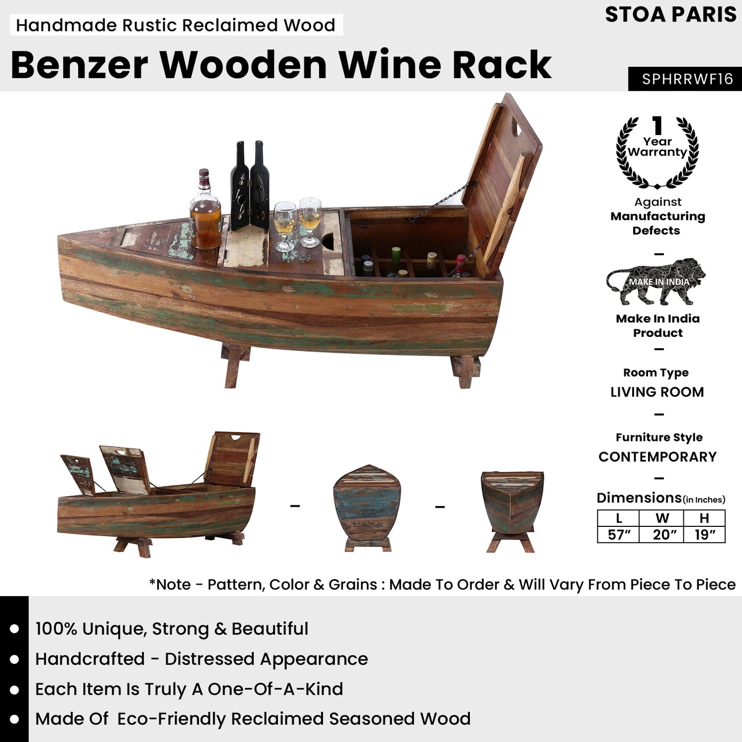 Benzer - Handmade Rustic Reclaimed Wood Wine Rack In Distress Finish