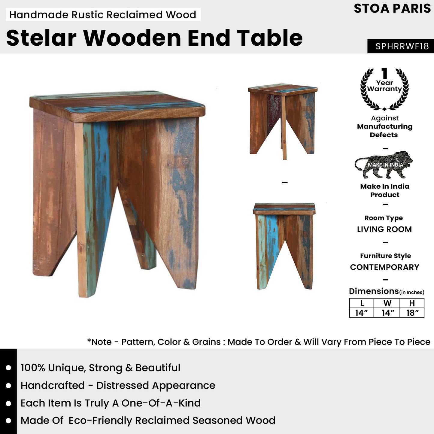 Stelar - Solid Wood Handmade Rustic Reclaimed Wood End Table In Distress Finish