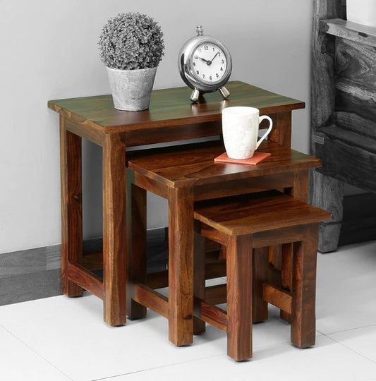 Chic Set Of Square Three Nesting Tables In Sheesham Wood - Teak