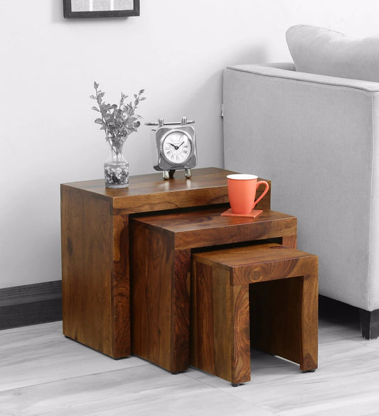 Maple - Solid Wood Multiutility Set Of Three Nesting Tables In Walnut Finish