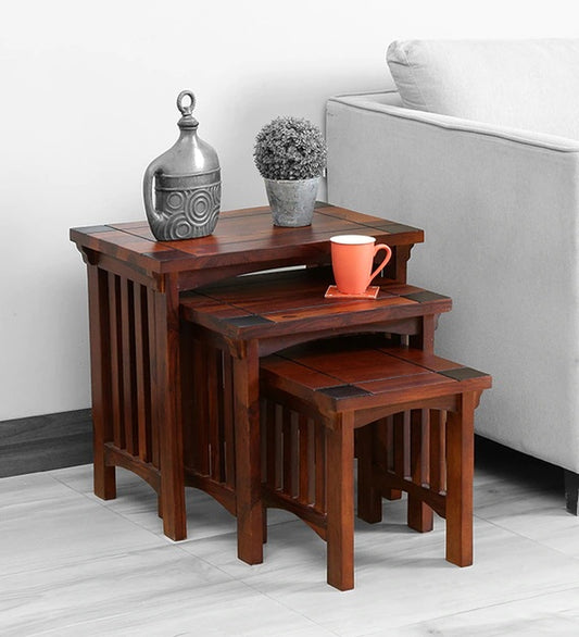 Castor Solid Wood Multiutility Set Of Three Nesting Tables In Teak Finish