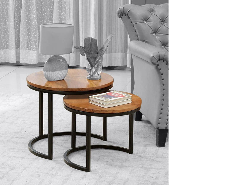 Patrick - Set Of Two Nesting Tables With Metal Black Base & Solid Wood Top - Natural