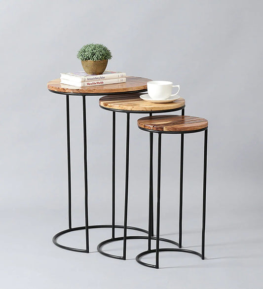 Aina - Set Of Three Nesting Tables With Metal Base & Wooden Top